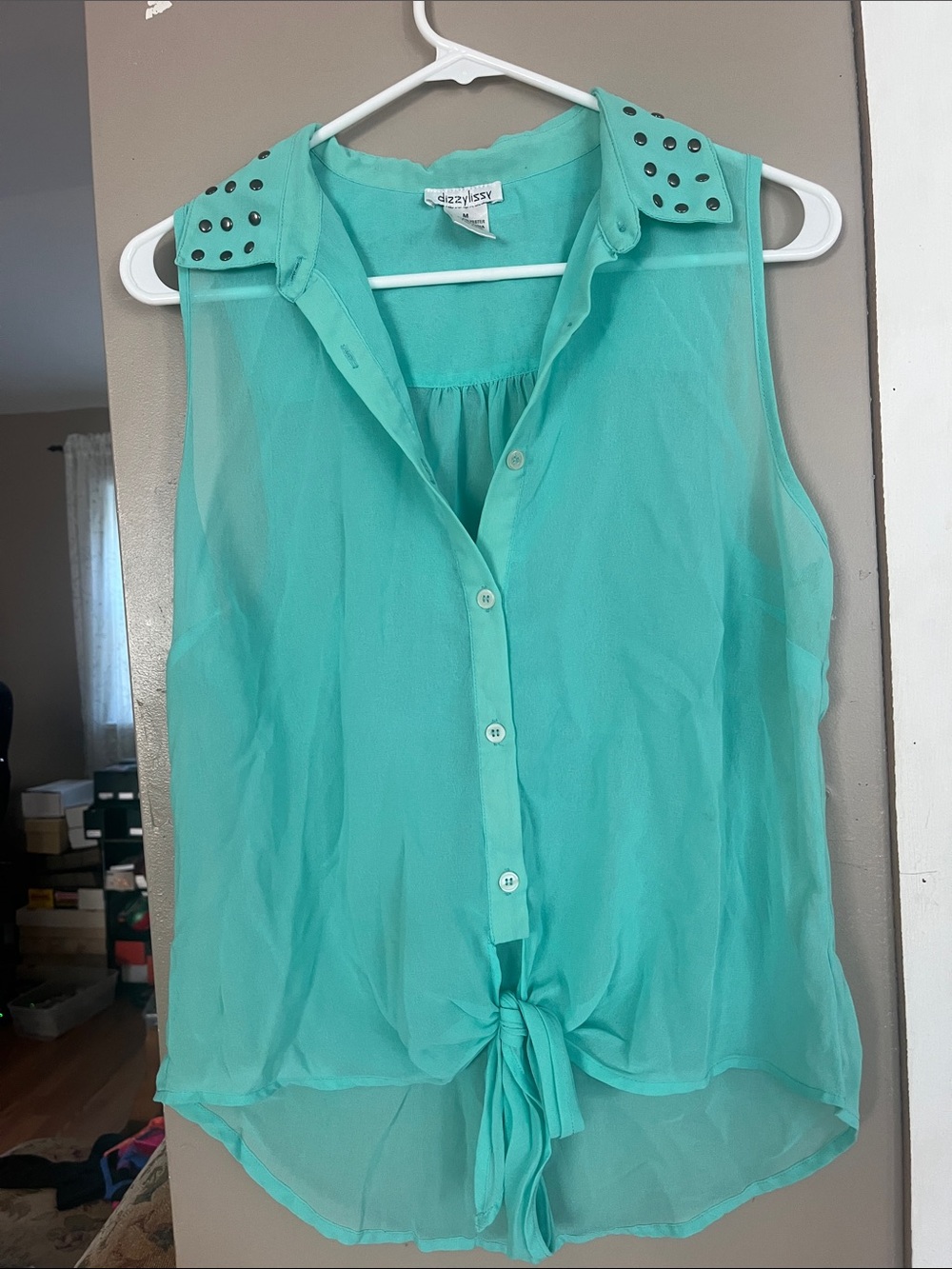 Sleeveless Tie-Front Turquoise Stud-Collar Camisole